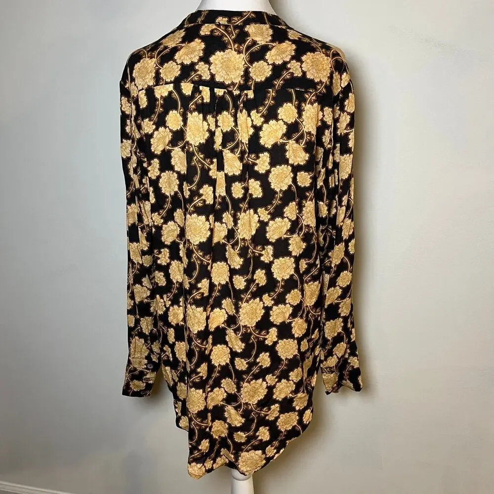 Free People Mia Tunic Floral Blouse Black Brown Size XS V-Neck Flow Boho Cottage